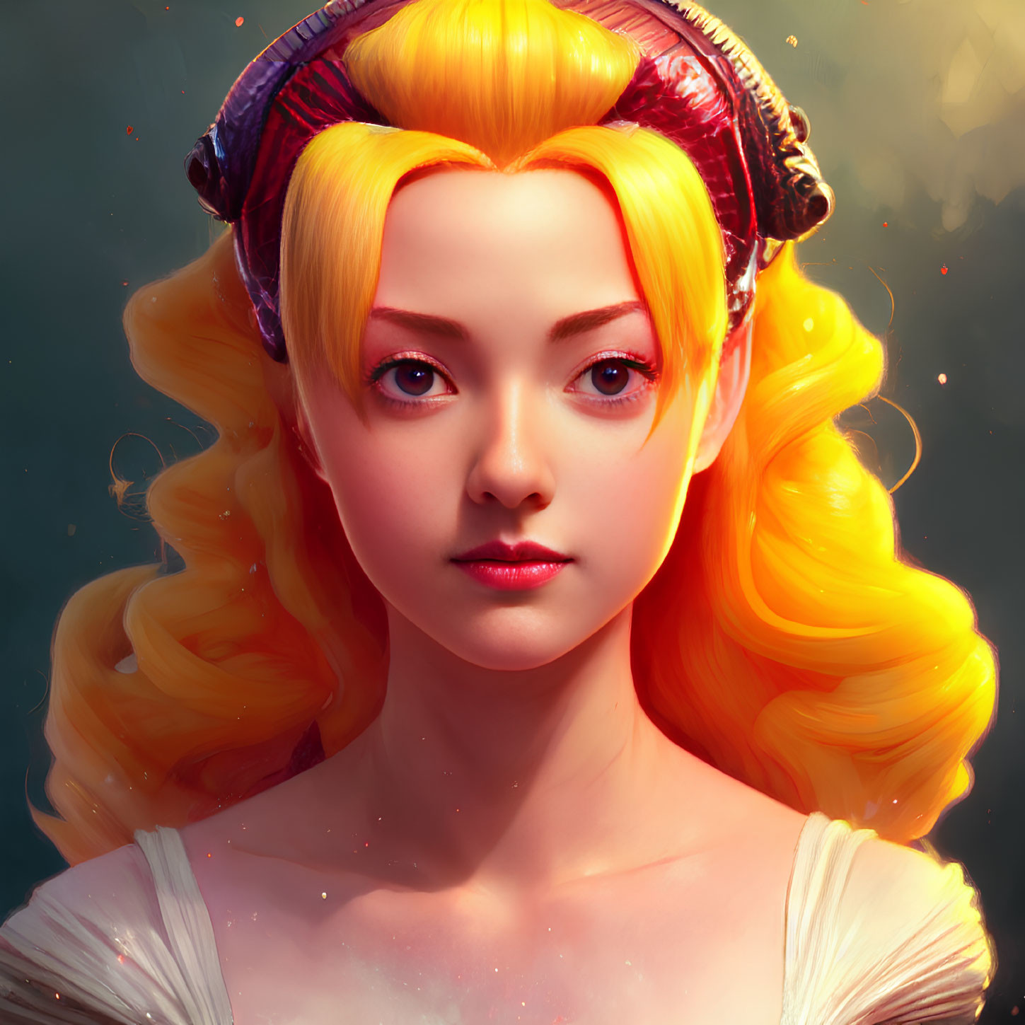 Digital portrait of female character with golden hair, blue eyes, and red headpiece