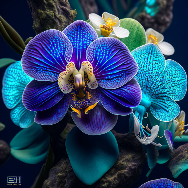 Detailed digital illustration of vibrant blue orchid with textured petals among exotic flowers on dark backdrop