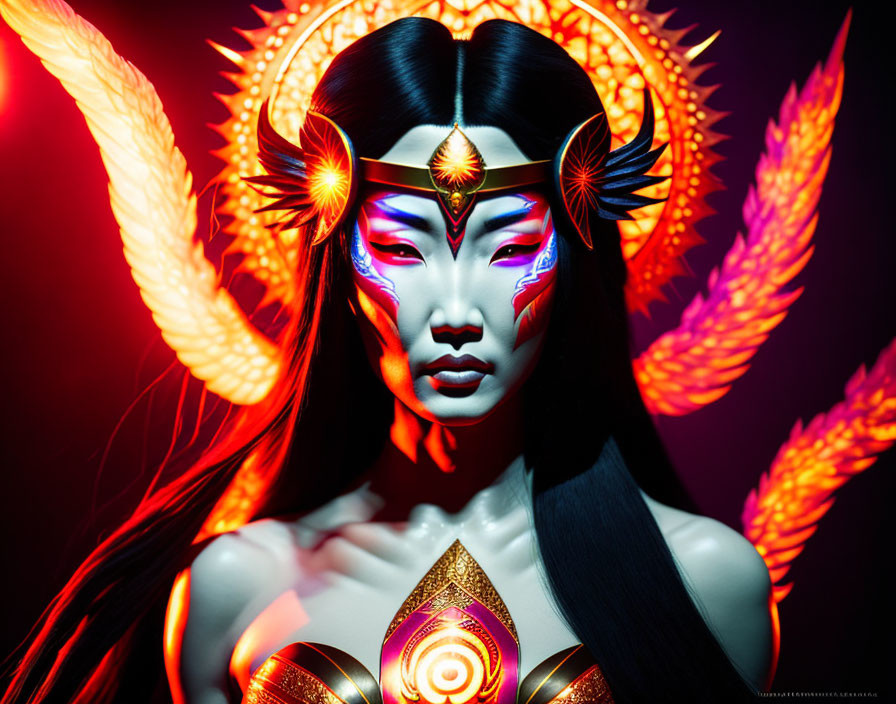 Mystical woman digital artwork with glowing red eyes and golden headdress