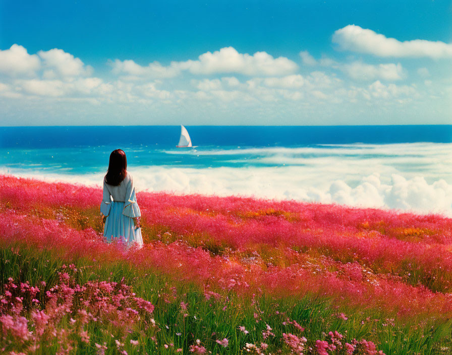 Girl in white dress in pink flower field by blue sea with sailboat