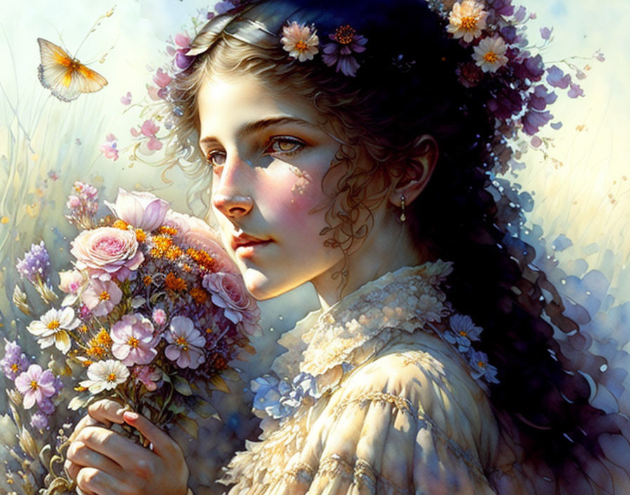 Detailed Illustration: Young Woman with Floral Crown, Bouquet, Soft Light, and Butterfly