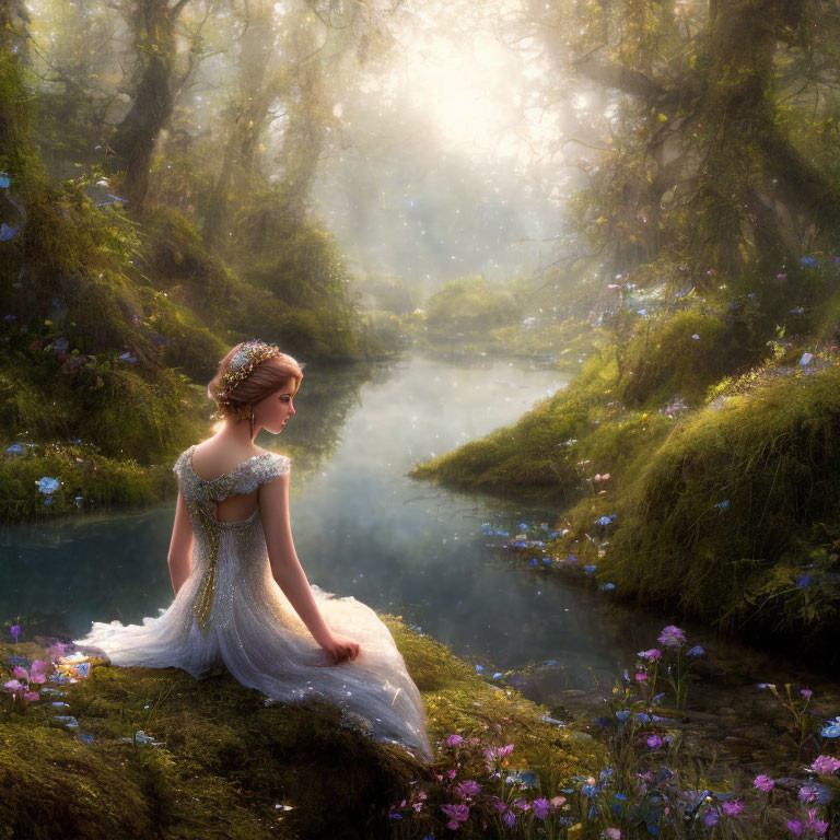 Woman in White Dress by Tranquil Forest Stream