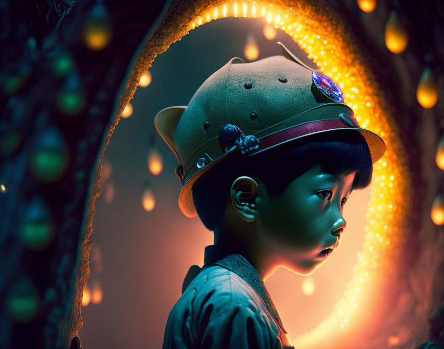 Child in decorated hat gazes with warm lights and mysterious arch