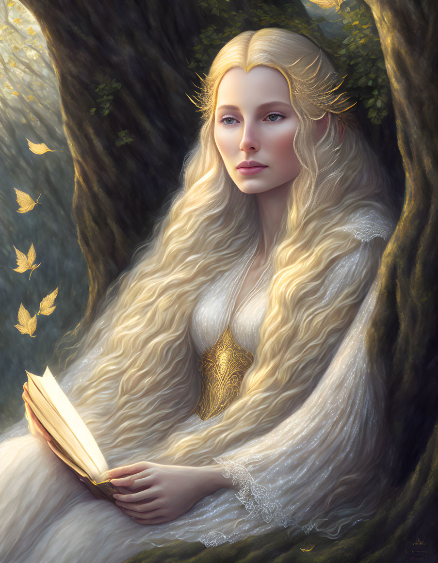 Blonde woman with golden crown reading in mystical forest surrounded by floating leaves