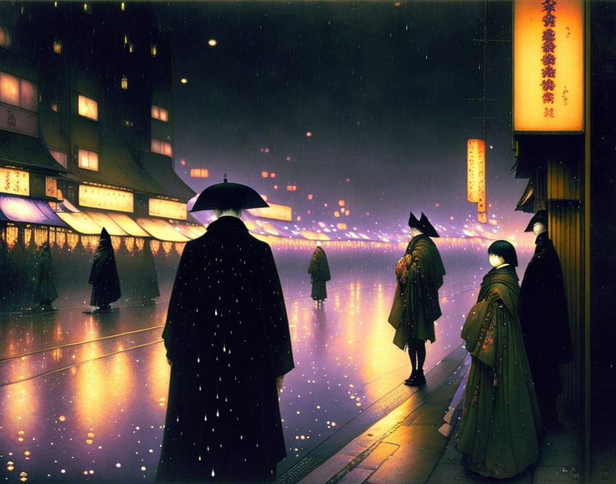 Snowy night scene with traditional attire figures and fox-headed character on wet city street lit by lanterns