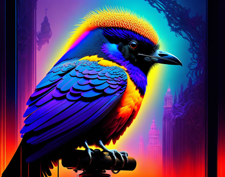 Colorful Bird Artwork Against Gothic Architecture Backdrop