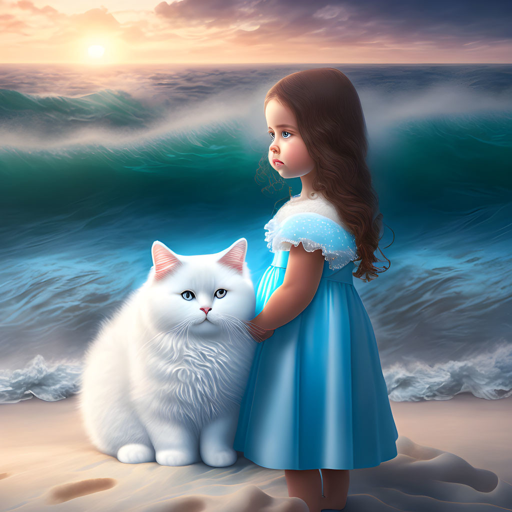 Young girl in blue dress with white cat by sea at sunset with large waves