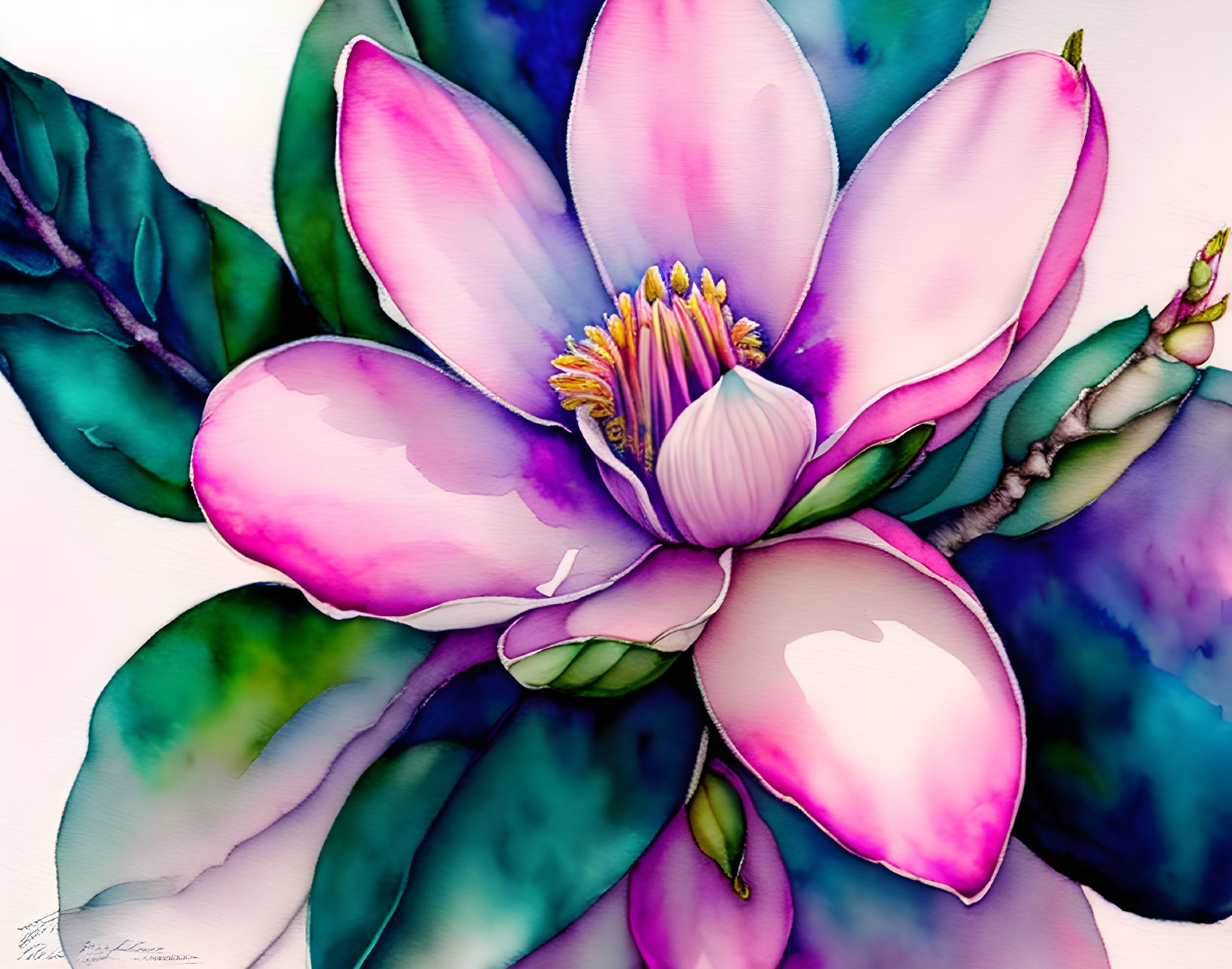 Colorful digital artwork: Pink and white magnolia flower with yellow stamen and green leaves