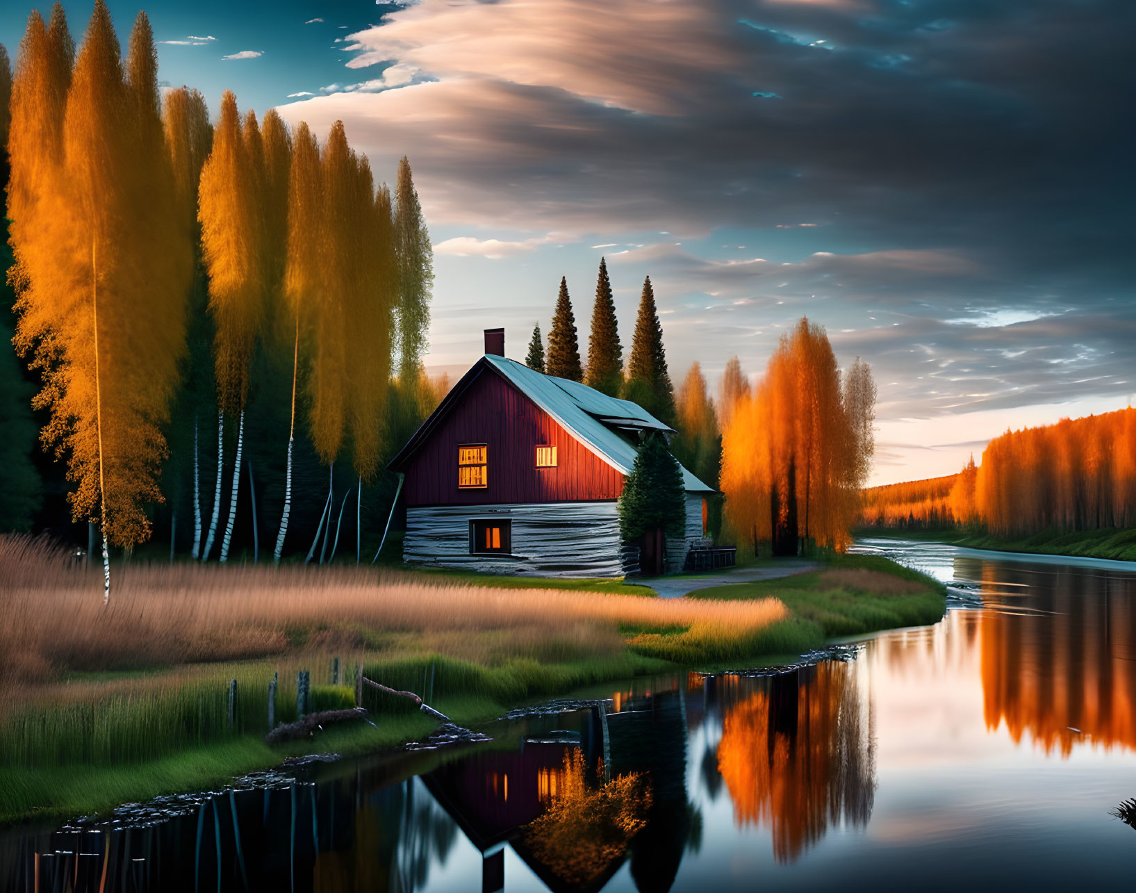 Tranquil autumn landscape with cozy wooden house by river