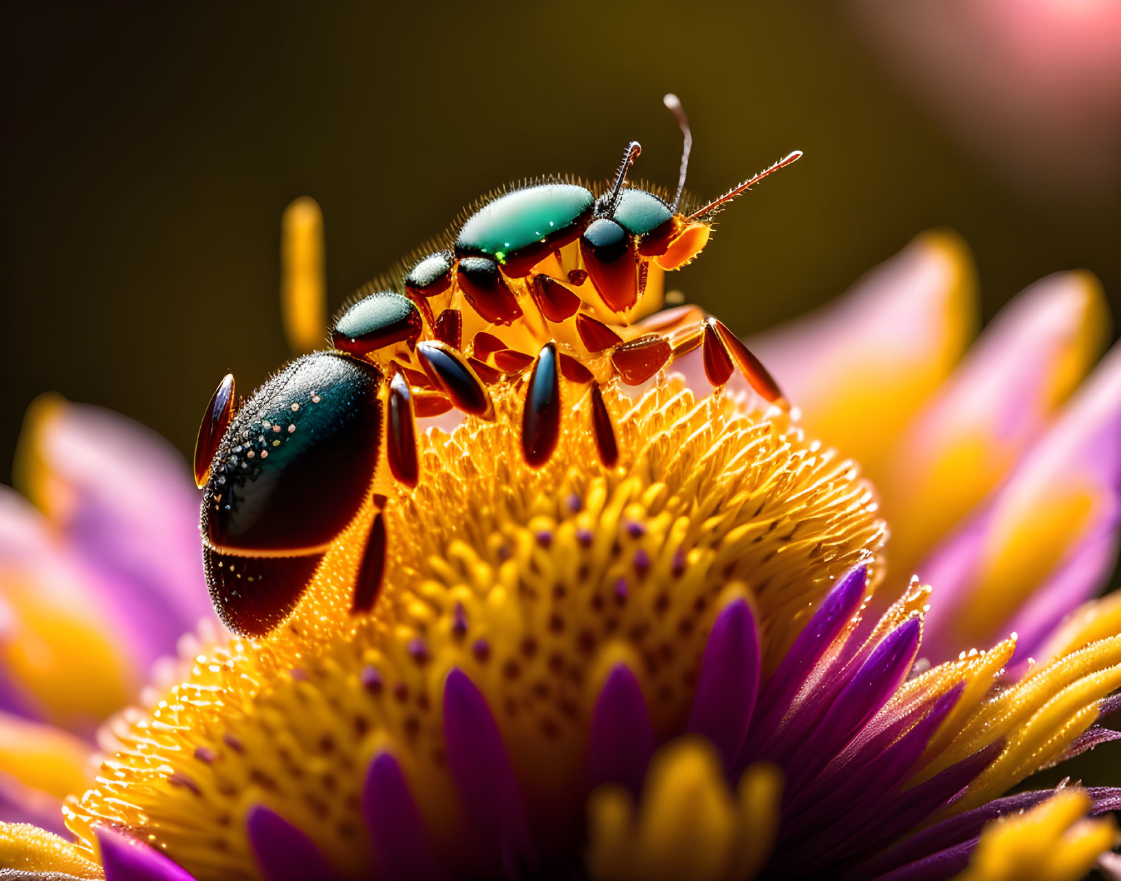 Colorful Insect Close-Up on Yellow and Purple Flower