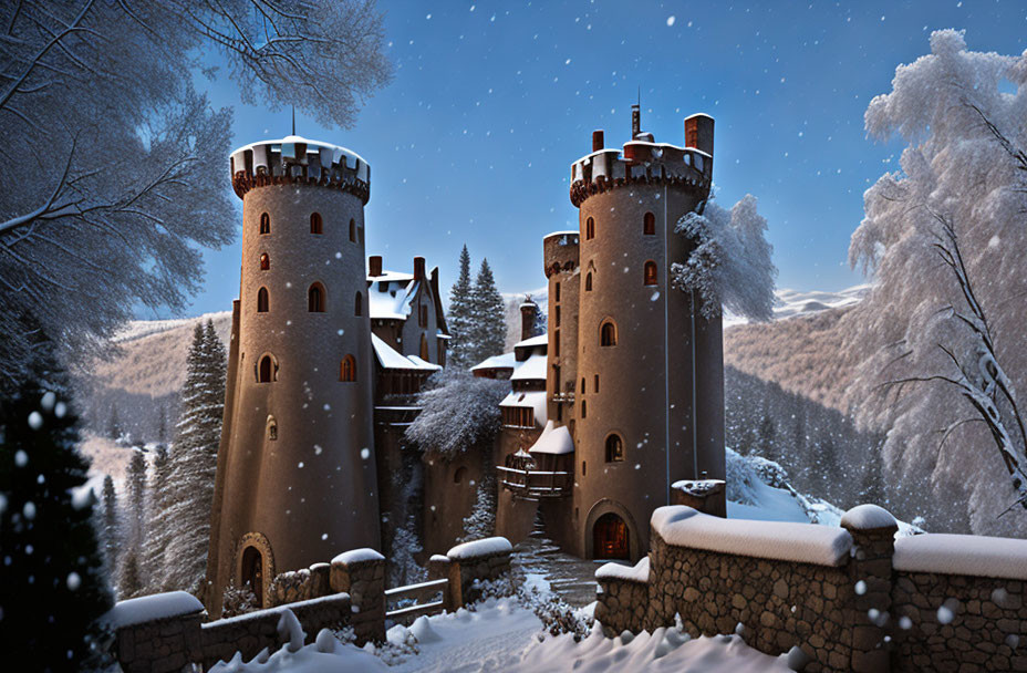 Snow-covered medieval castle at twilight in tranquil snowy forest