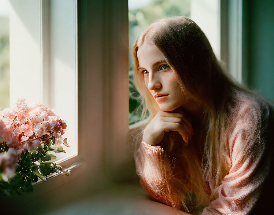 Young woman with long fair hair gazes out of sunlit window beside pink flowers.