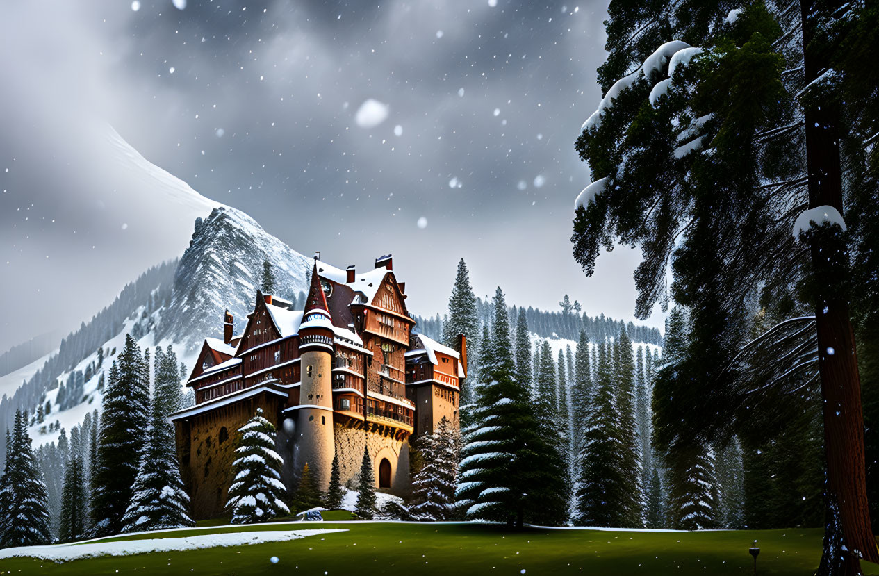 Castle in Pine Forest with Snowfall and Mountain Backdrop