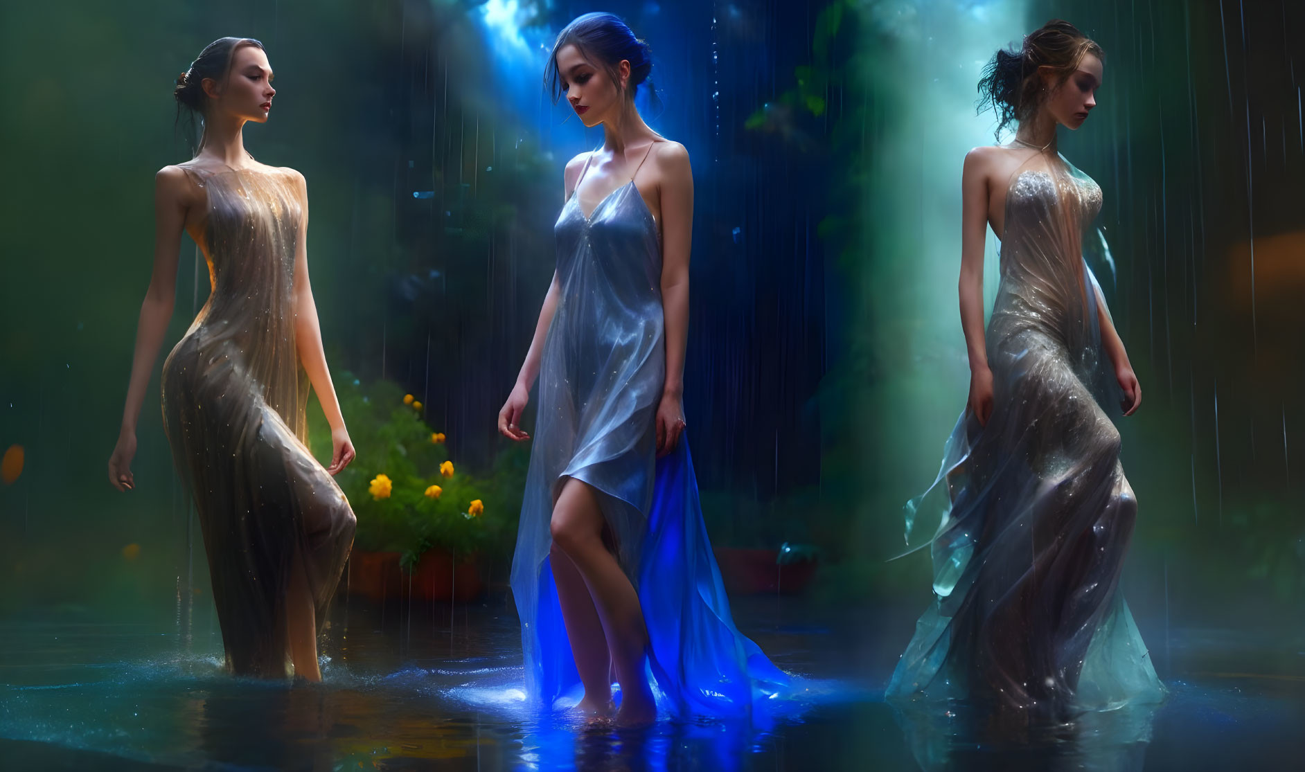 Three women in flowing dresses under a night sky, central figure illuminated by blue light.