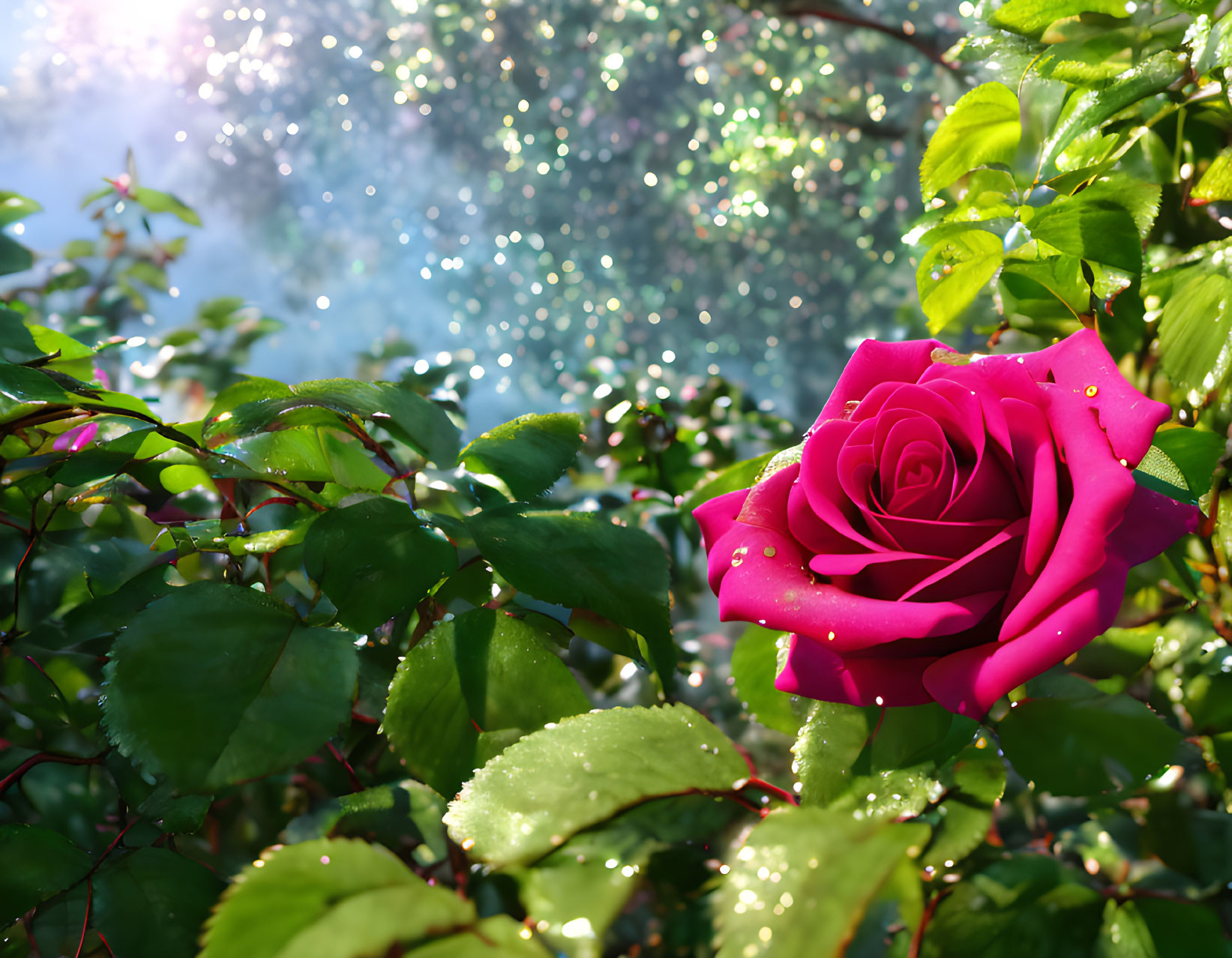 Pink rose with dewdrops and bokeh in dreamy background