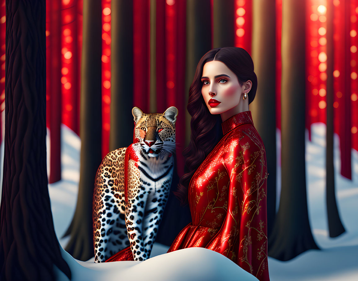 Woman in Red Cloak Poses with Leopard in Snowy Forest