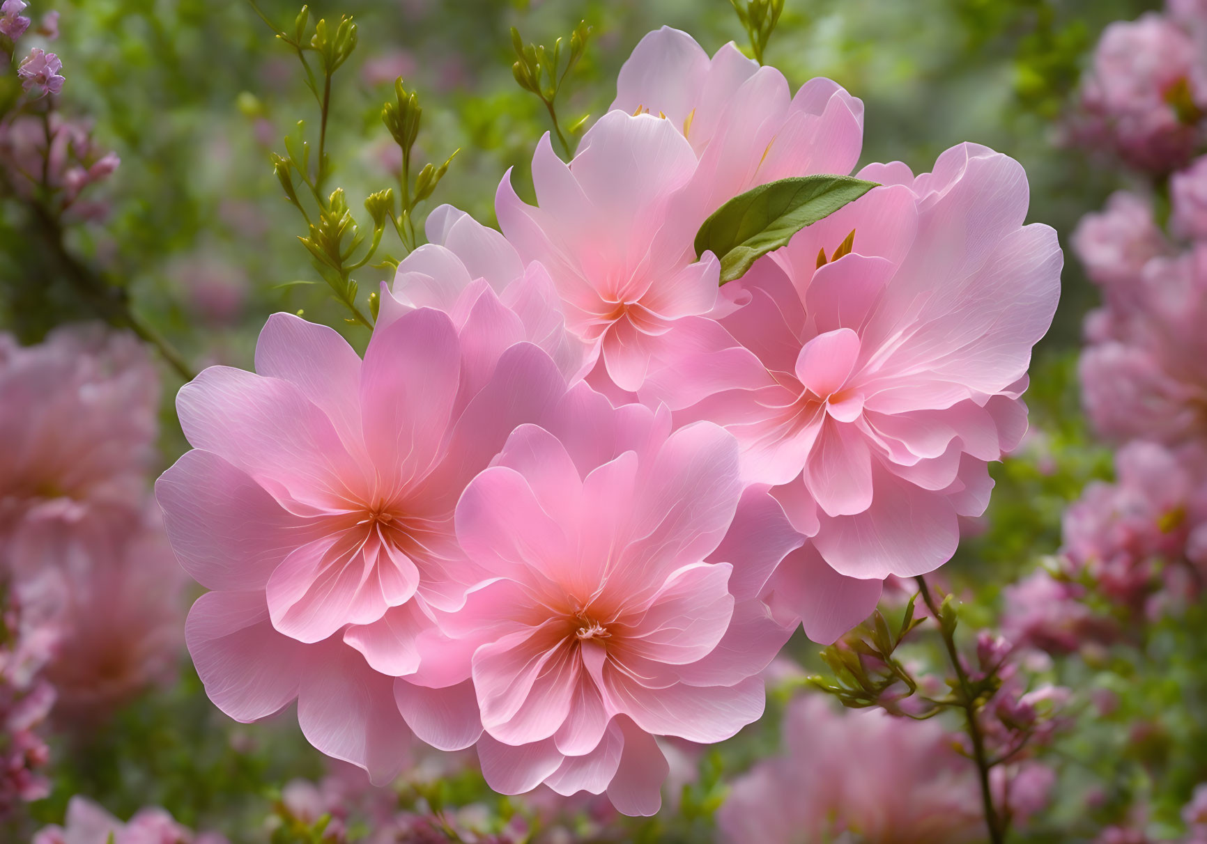 Delicate pink blossoms with soft petals against blurred green background