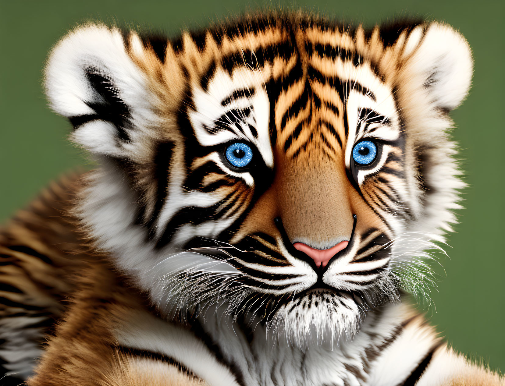 Tiger Cub with Blue Eyes and Stripes on Green Background