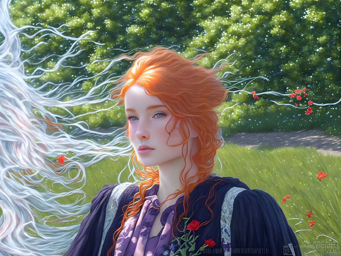 Red-haired woman with flowing hair in green meadow artwork