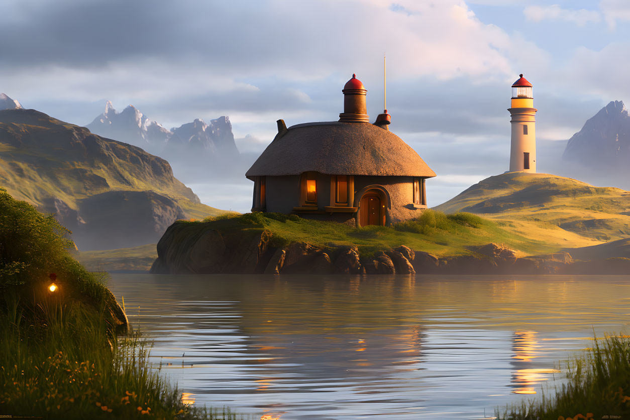 Tranquil sunrise scene: thatched roof cottage, lighthouse, and mountains on grassy island