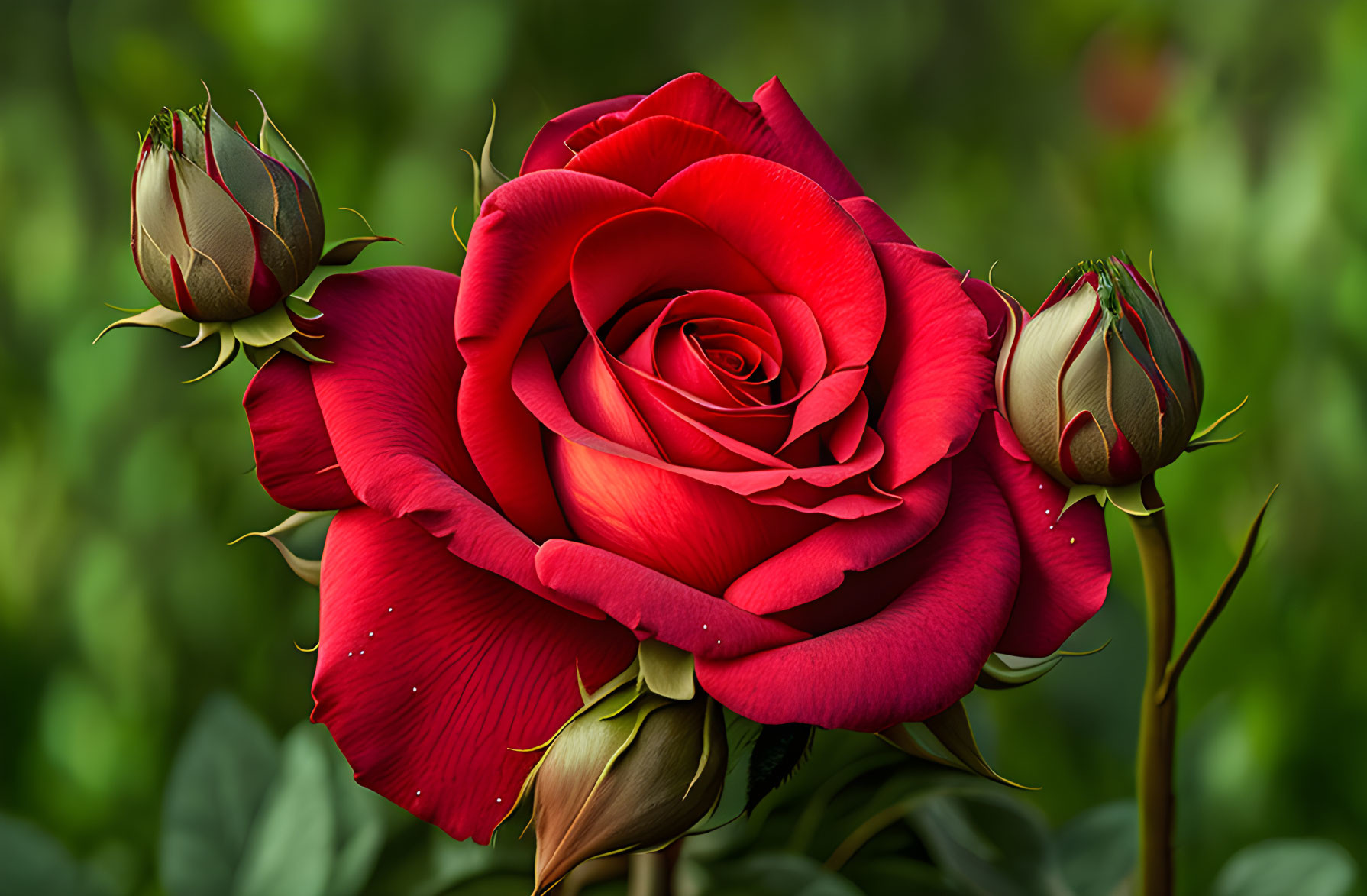 Vibrant red rose with lush petals and two unopened buds on soft-focus green background