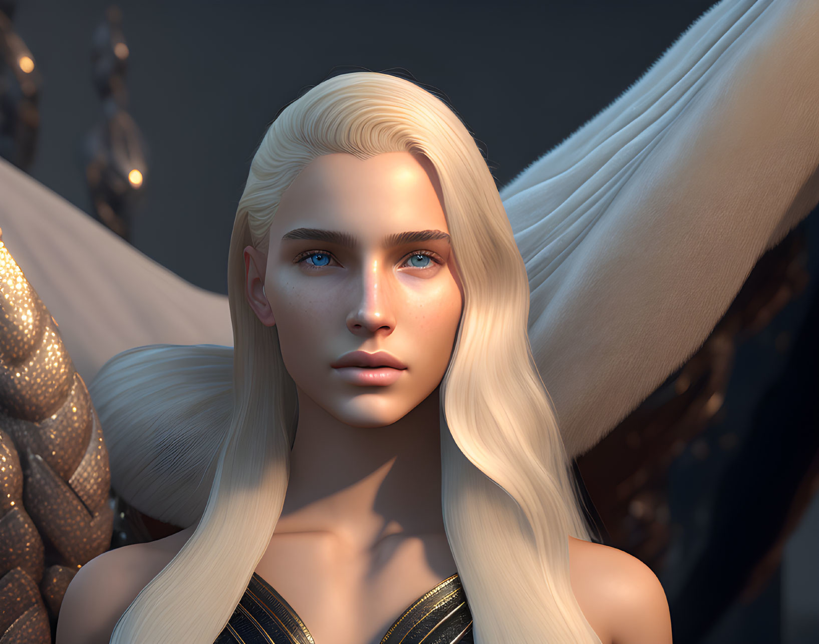 Digital artwork: Pale-skinned person with long blonde hair and blue eyes on dark background