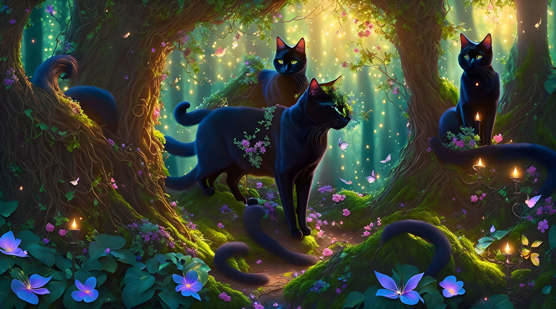 Enchanted forest scene with three black cats and glowing lights