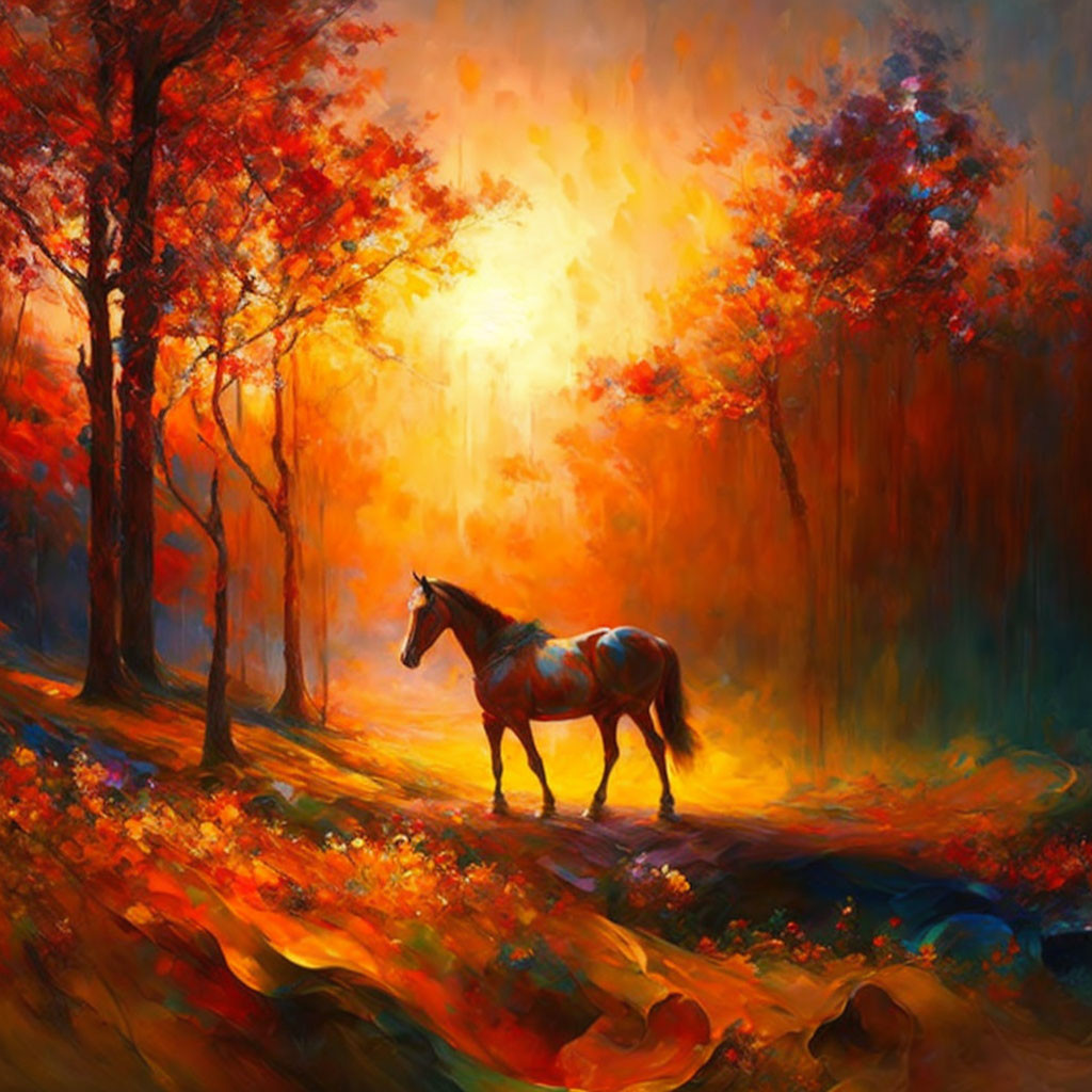 Lone horse in vibrant autumn forest with red and orange leaves