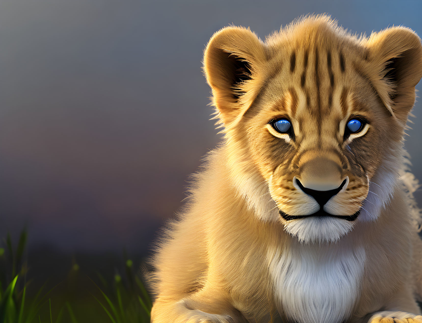 Young lion with blue eyes sitting in grass against dusky sky