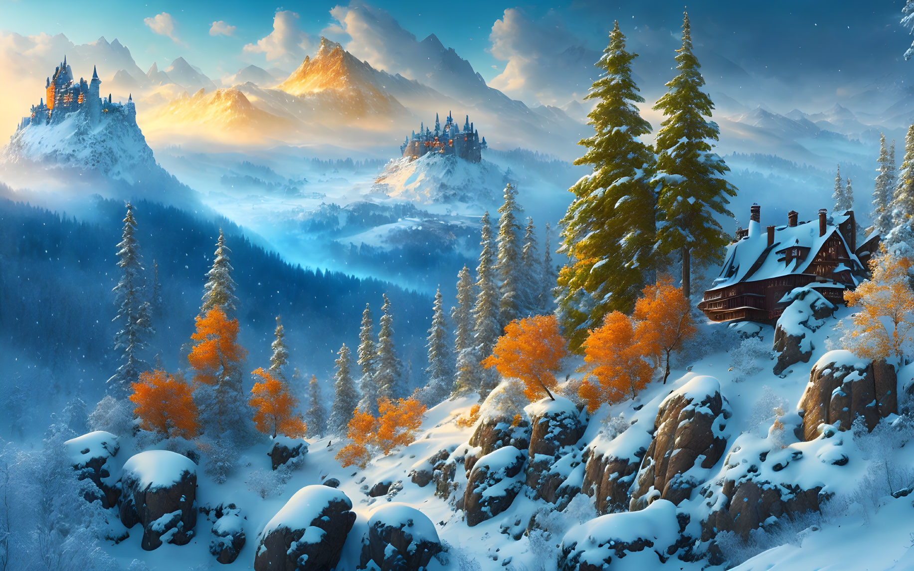 Snowy Dusk Landscape with Cozy Cabin, Autumn Trees, and Mountain Castles