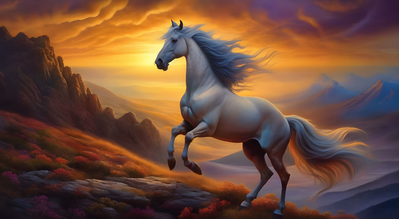 White horse galloping in vibrant sunset with purple clouds, colorful mountains, and flowering fields