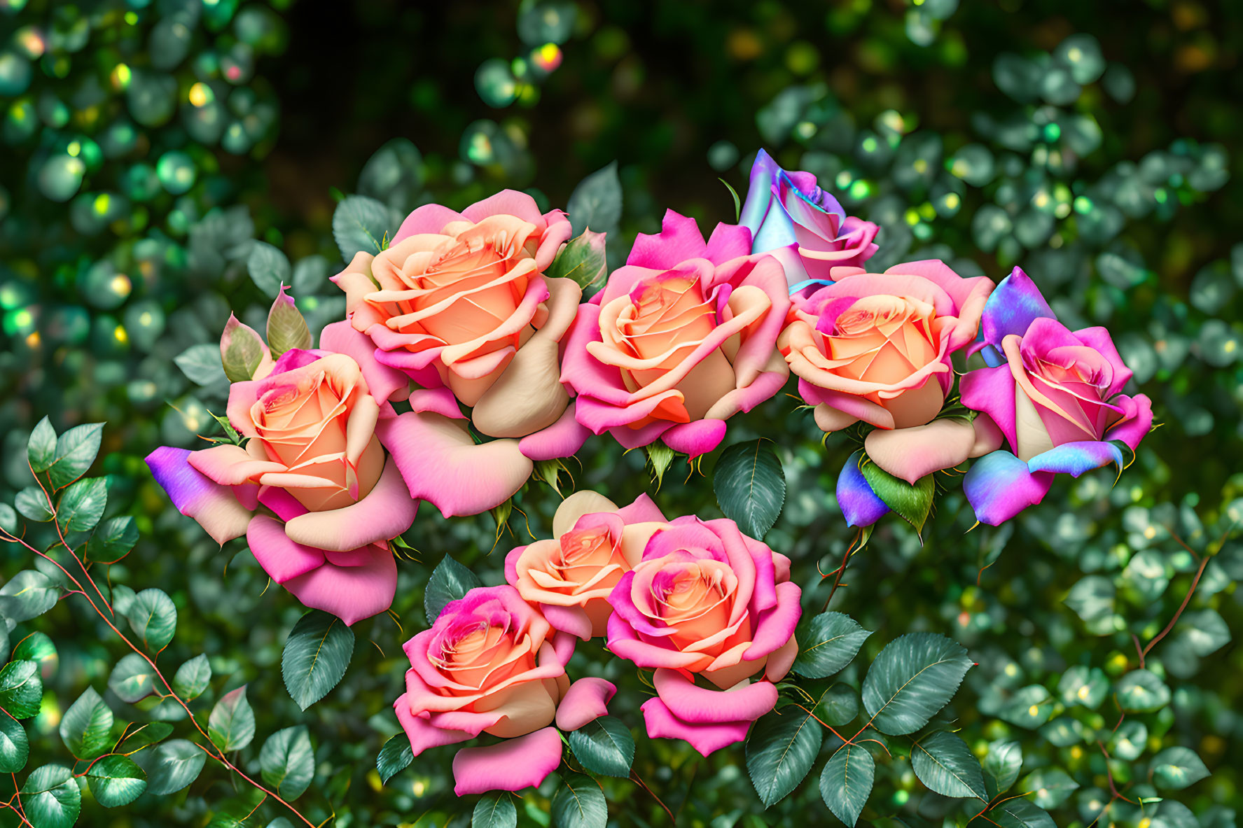 Multicolored rose bouquet on green leafy background