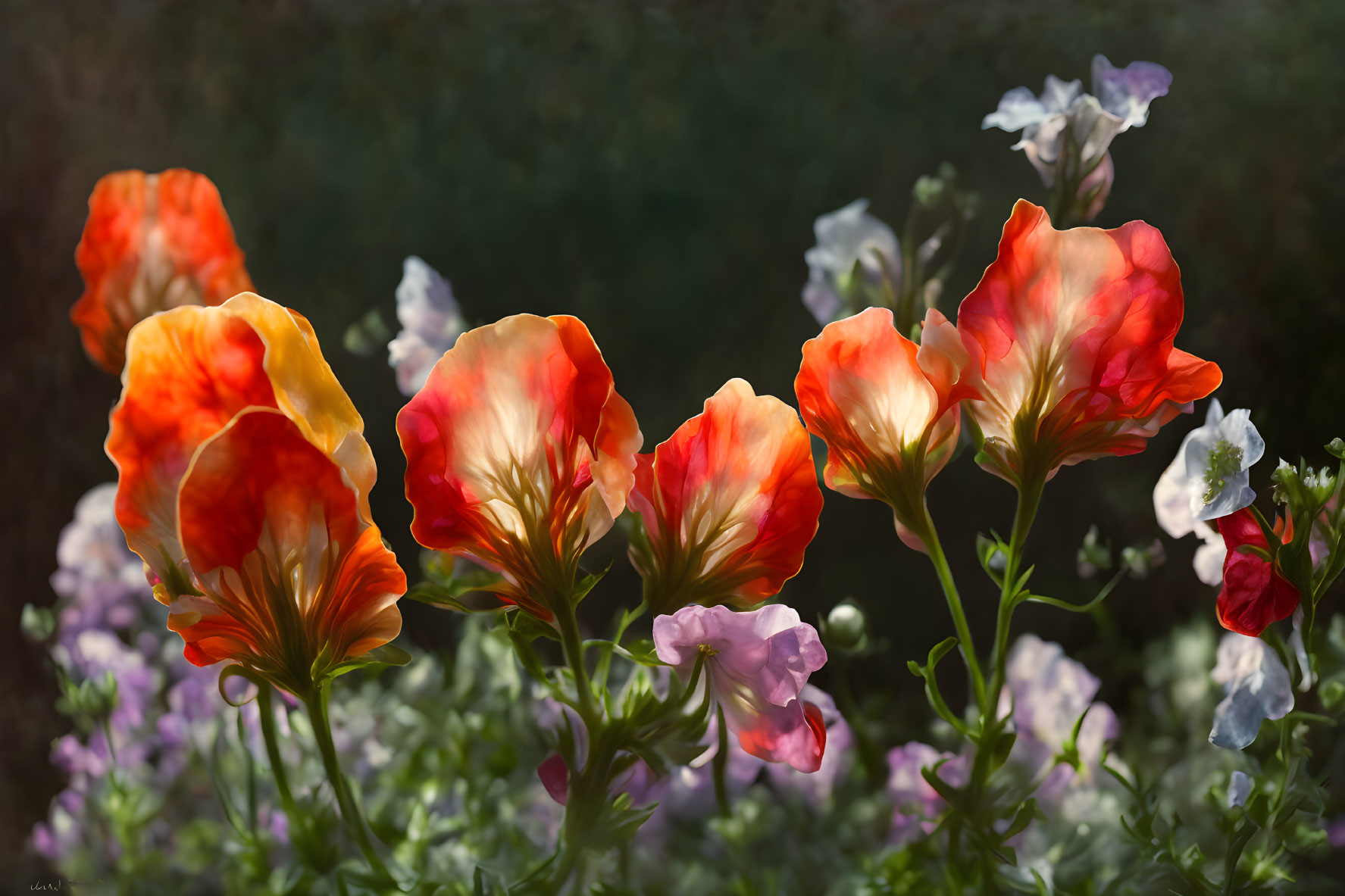 Colorful Orange Flowers with Purple and White Blossoms on Dark Bokeh Garden Background