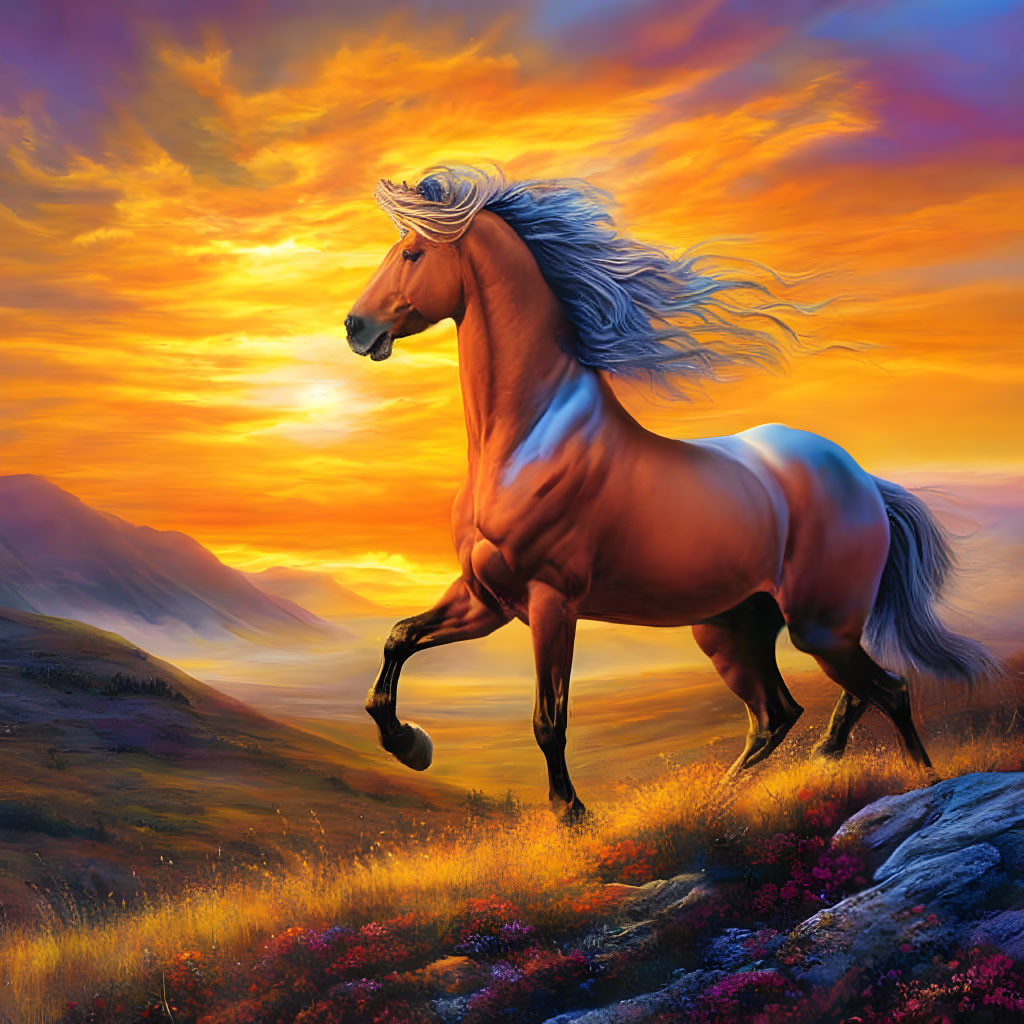 Majestic horse galloping in vibrant sunset meadow