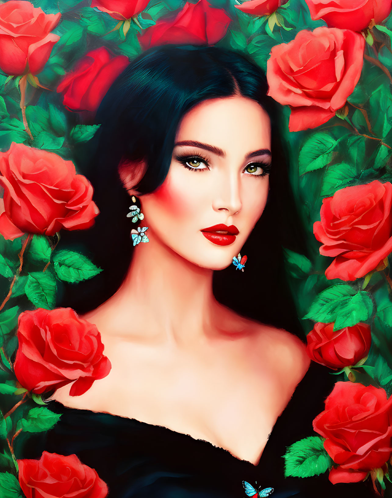 Woman portrait with dark hair, red lipstick, red roses, and butterflies