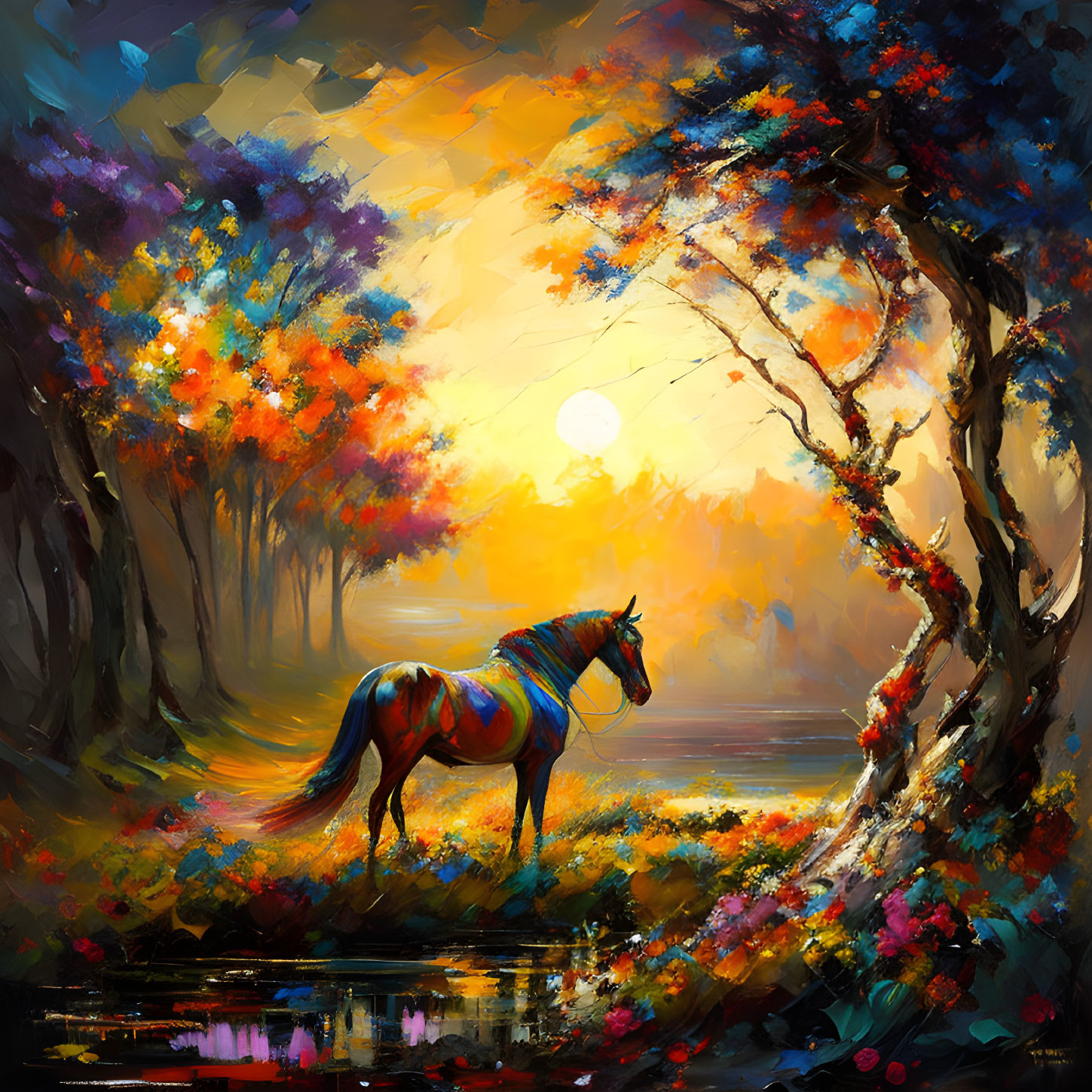 Vivid Impressionist-style painting of a solitary horse by a sunlit pond