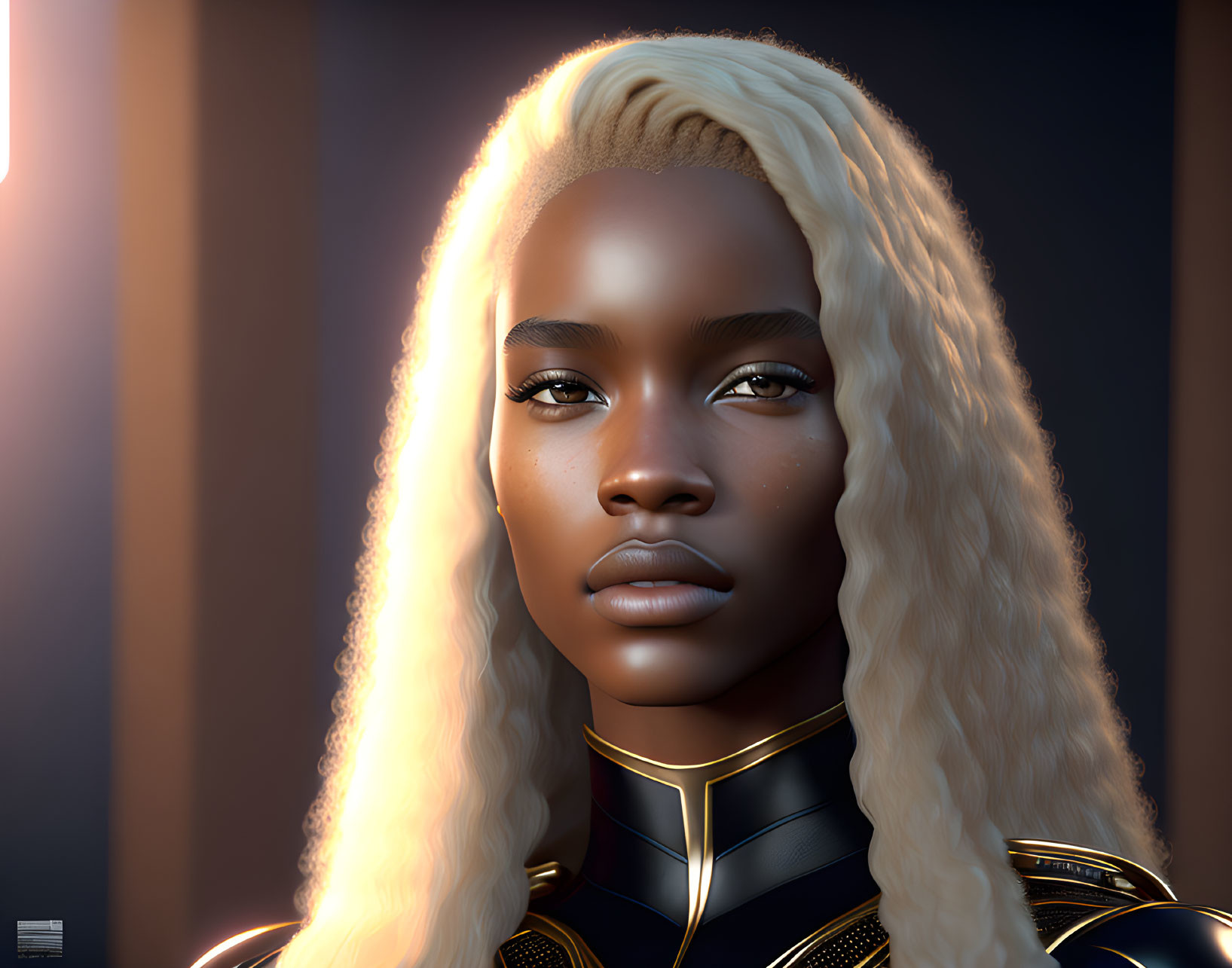 Digital artwork: Woman with golden-blonde wavy hair, dark skin, in black and gold