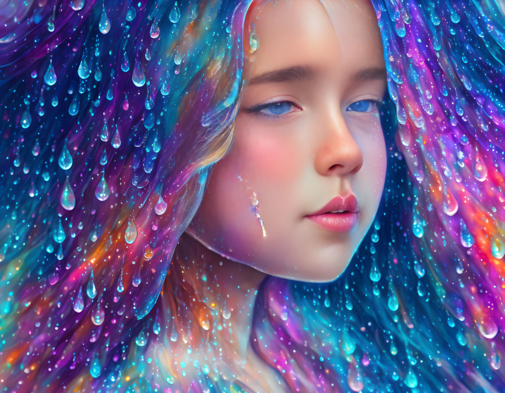 Vibrant young girl portrait with cosmic cascade hair and glistening droplets