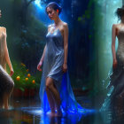 Three women in flowing dresses under a night sky, central figure illuminated by blue light.