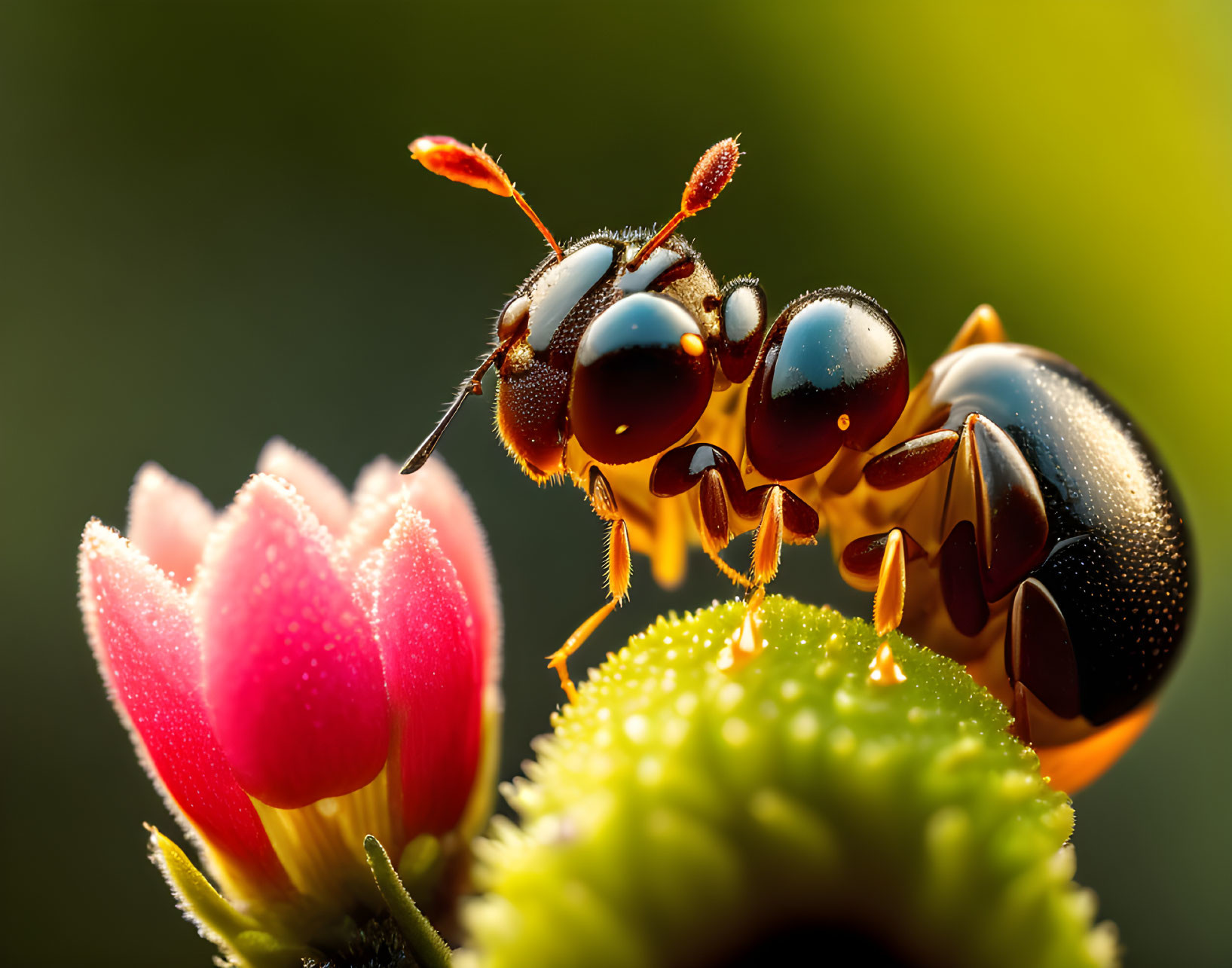 Ant on Green Bud Reaching Pink Flower