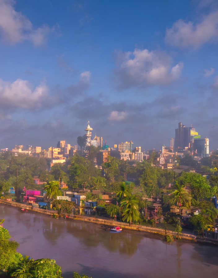 Urban skyline with river, skyscrapers, greenery, and cloudy sky