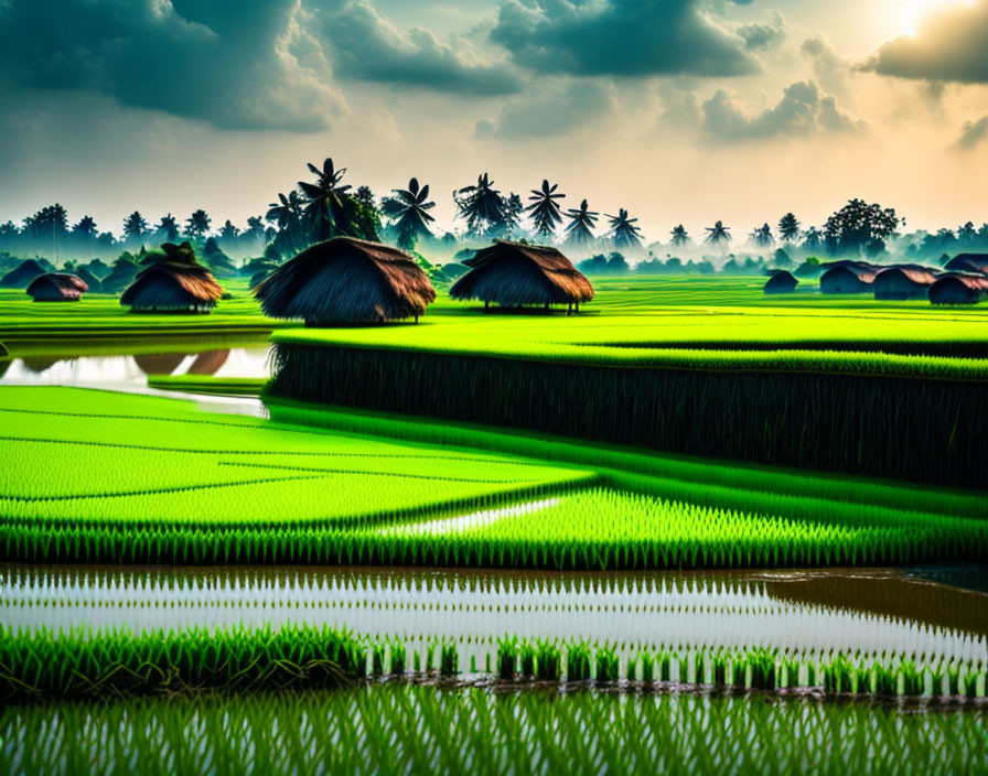 Scenic rice terraces with water reflection and traditional huts under dramatic sky