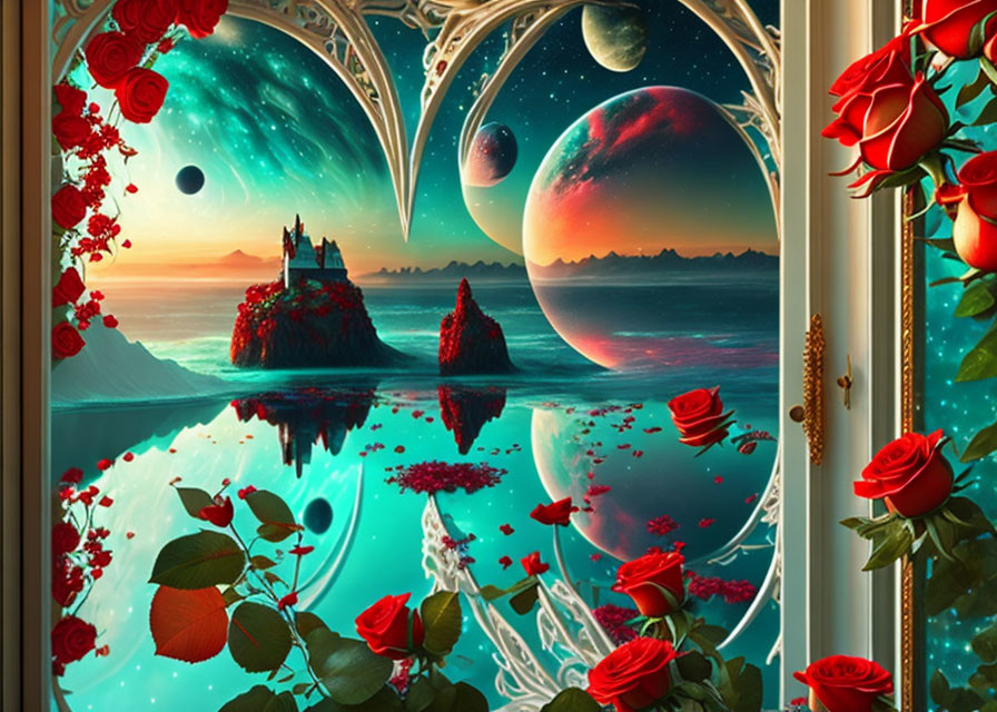 Fantastical landscape with cosmic elements, roses, water, and castle