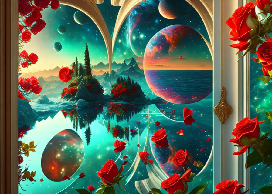 Scenic view through arch window: lake, mountains, space, red roses