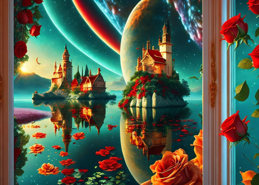 Fantasy landscape with castle, water reflection, roses, and celestial sky