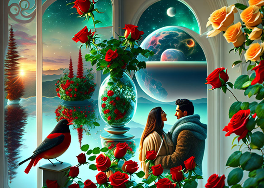 Couple admiring cosmic view with planets through rose-adorned window.