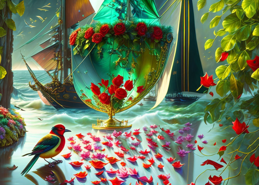 Fantastical ship sailing turbulent seas near blooming roses and vivid bird.