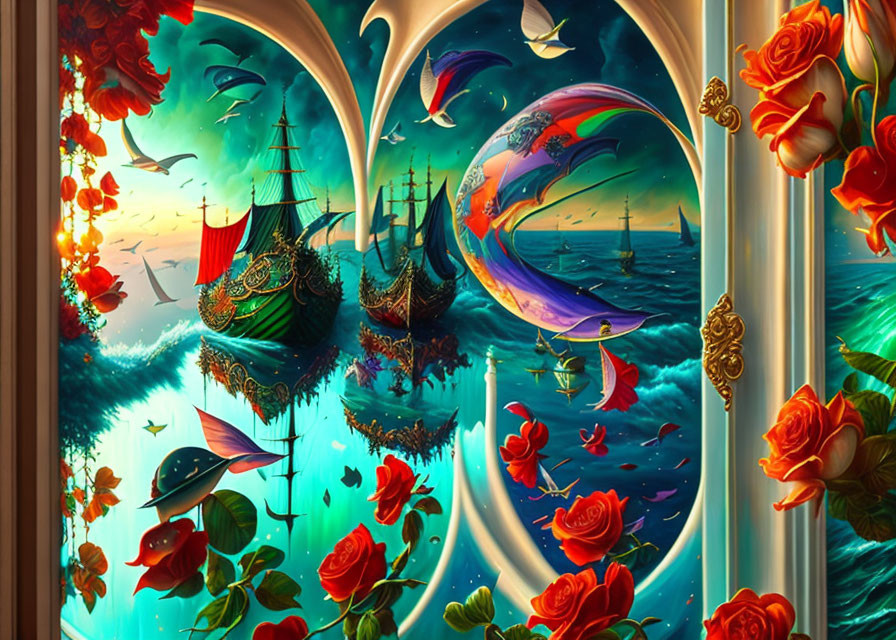 Vibrant roses and whimsical ships in turquoise skies and seascapes