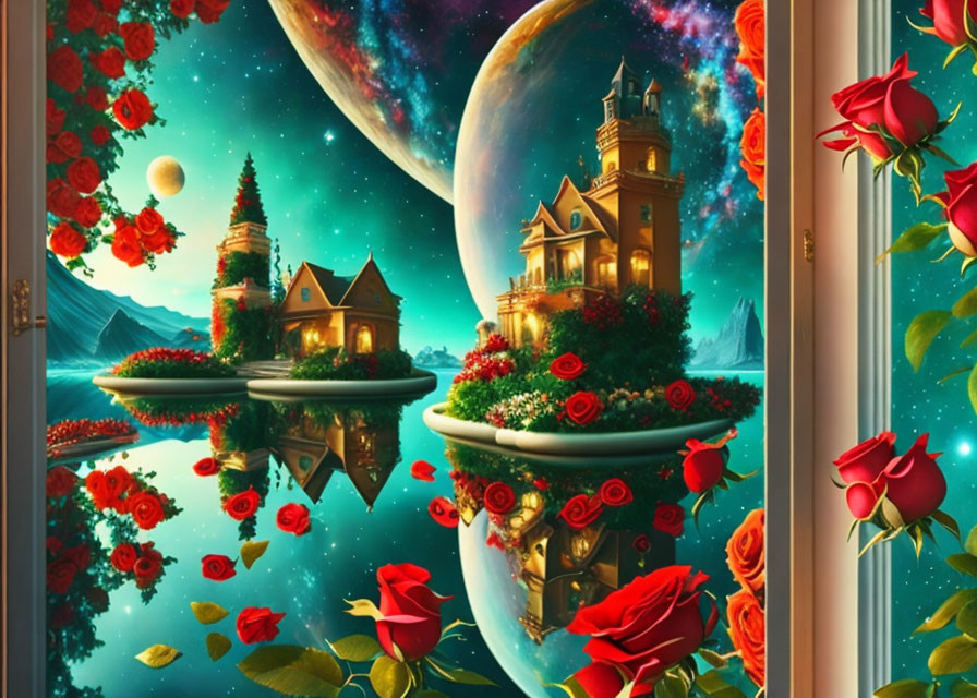 Fantasy landscape: floating islands, castles, mountains, moon, roses, starry sky