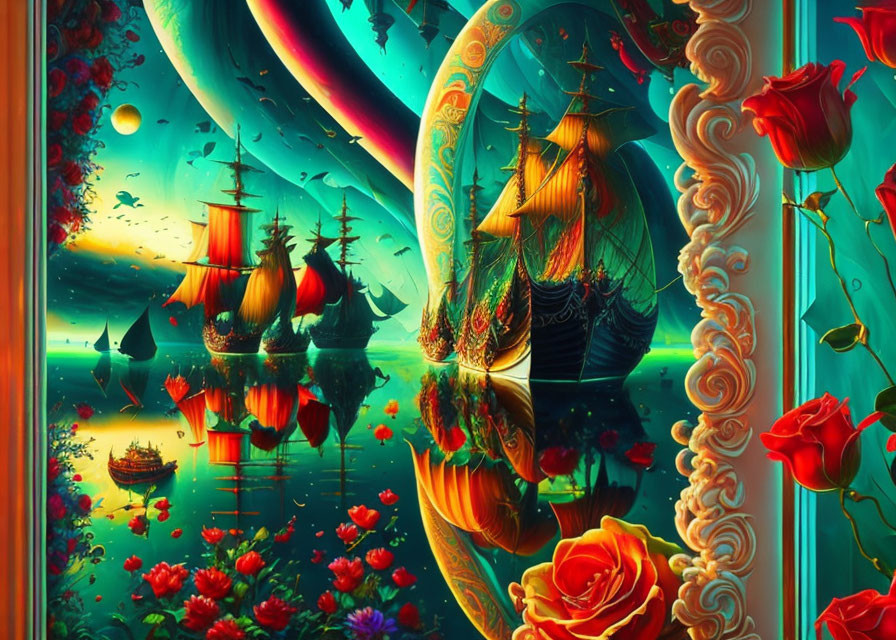 Fantasy art: Sailing ships, galaxies, and roses scene